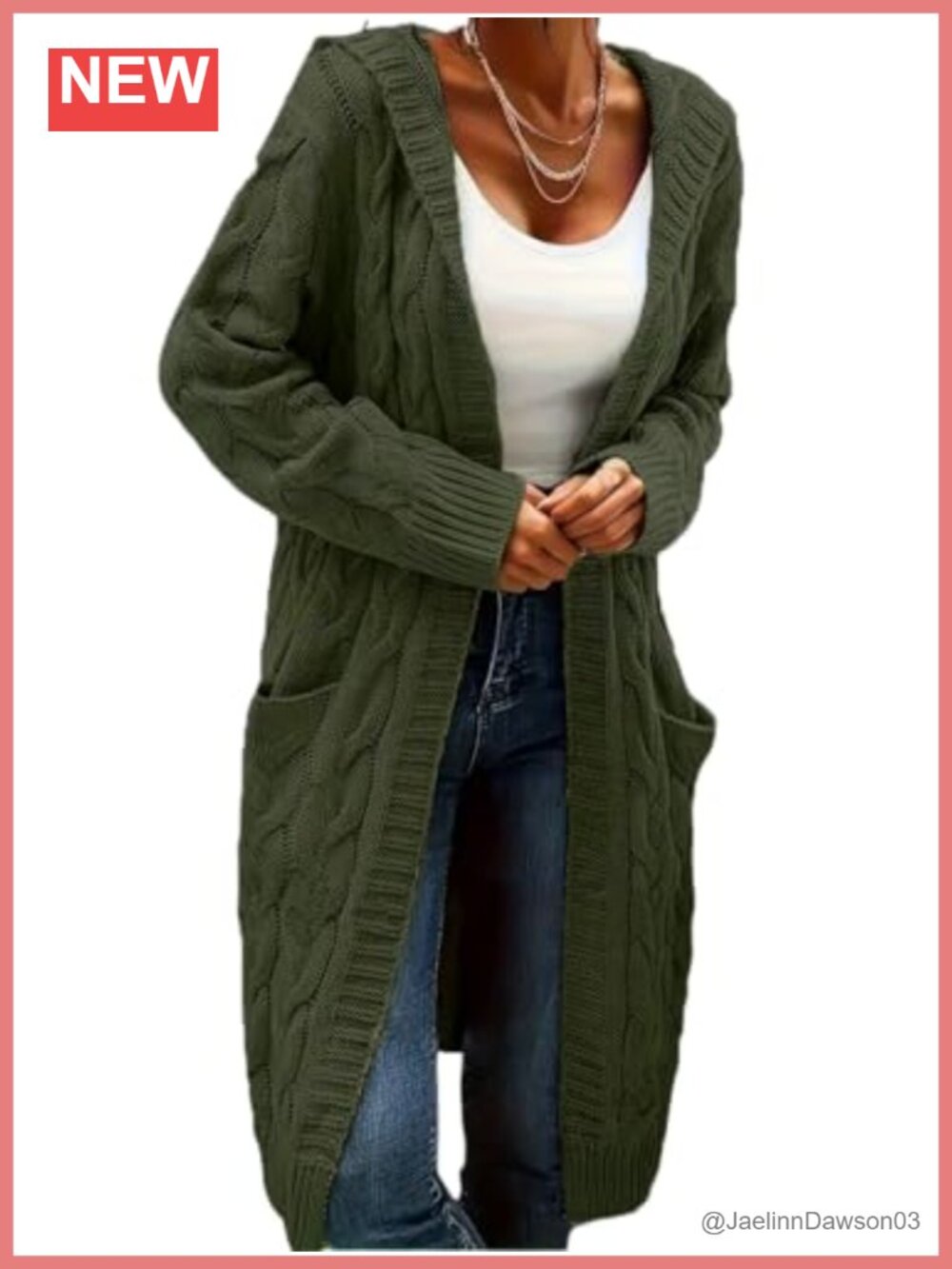 Long Cable Knit Open Front Cardigan Sweater with Pockets Ribbed Trim